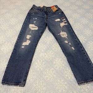Levis Jeans Womens 25x26 Blue 501 Classic Cropped Button  Distressed Denim